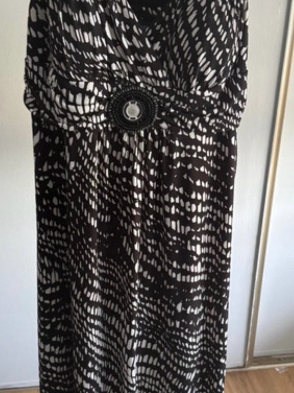 Enfocus Studio Black and White Printed Maxi Dress with Beaded Waist Accent